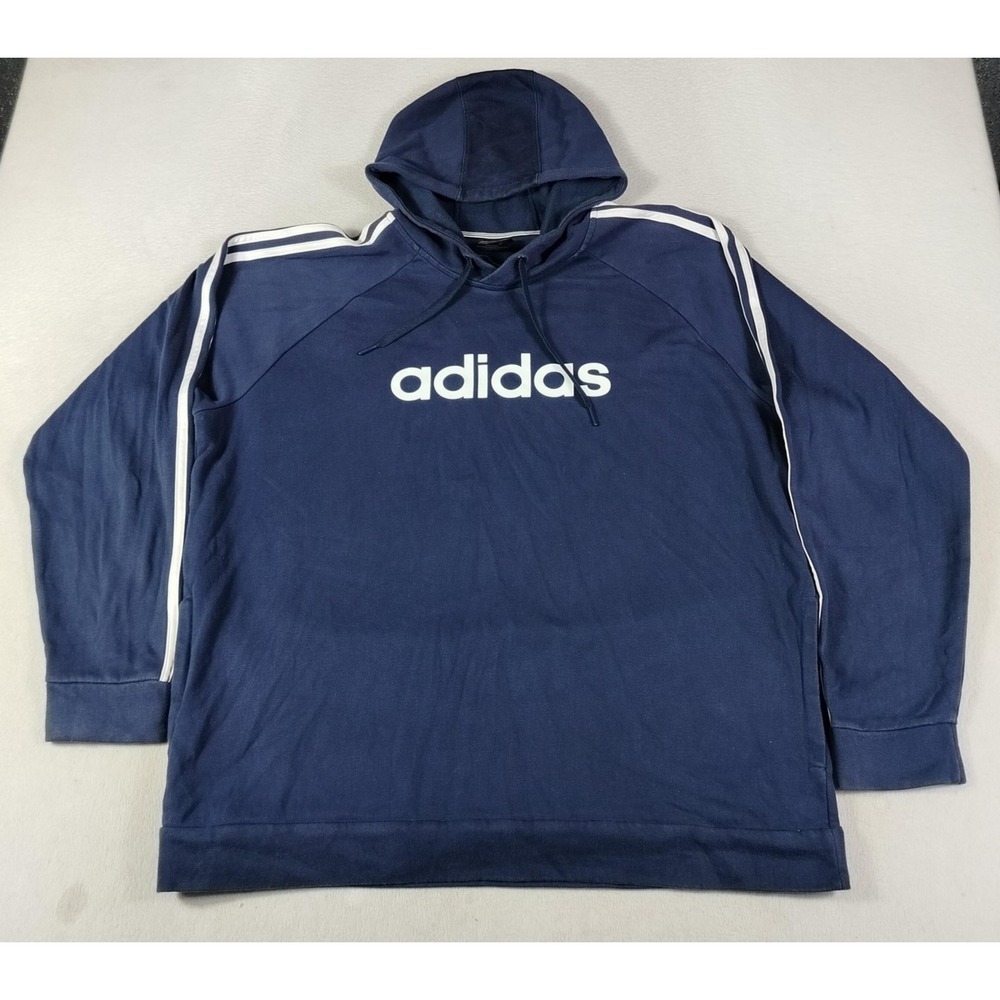 Adidas Hoodie Sweatshirt Mens 2XL Blue Logo 3 Stripe Pullover Fleece Athletic